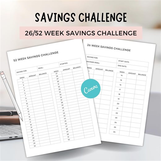 26/52 Week Savings Challenge Canva Template, Printable Savings Tracker PLR, Money Saving Challenge for Money Binder and Cash Stuffing
