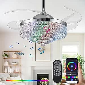 36” Bluetooth Ceiling Fan with Light and Speaker,RGB Retractable Blades Crystal Fandelier Music Player LED Chandelier 6-Speed APP Control Timer Remote Control for Bedroom Silver