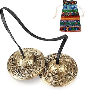 Boao Tibetan Tingsha Cymbals Meditation Chime Bells with Tibetan Drawstring Cloth Bag, 6.3 cm Meditation Chime Bells, for Percussion Instrument (2 Dragons with Bell Embossed)
