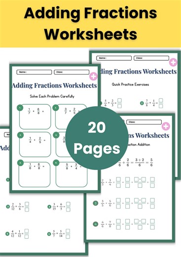 Adding Fractions Worksheets Printable | Math Practice PDF | Elementary Fractions Activities | Homeschool Worksheets - Etsy