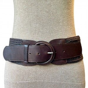 Brown Leather & Woven Wax Cord Wide Waist Oversized Belt Boho Western Size M