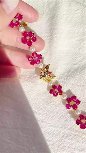 Luxe Ruby Red Floral Pearl Gold Bracelet
