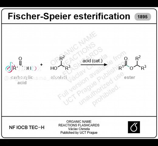The Fischer–Speier esterification enables the acid-catalyzed formation of esters from carboxylic acids and alcohols under equilibrium conditions. Developed by Emil Fischer and Arthur Speier in the late 19th century, the reaction proceeds via protonation of the carbonyl group, nucleophilic attack by the alcohol, and subsequent elimination of water to form the ester. Learn. Review. Repeat.