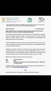 [📃] On 19 December 2024, the Minister of Land Reform and Rural Development, Mr Mzwanele Nyhontso, will officially present R34 million to Noordsberg as part of a farmer production support unit (FPSU), located in Ward 11 of the uMshwathi Local Municipality under uMgungundlovu District in KwaZulu-Natal. 🔗https://shorturl.at/v6ptJ THEME: “Restoring people’s dignity through land ownership” #LandRights #LandReform @GCISMedia @GovernmentZA @VukuzenzeleNews | Department of Land Reform and Rural Develo