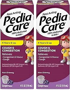PediaCare Children's Cough & Congestion Liquid Medicine for Cough, Chest Congestion and Mucus Cold Symptoms, Non-Drowsy, Ages 4+, Grape Flavor, 4 fl oz (2 Pack)