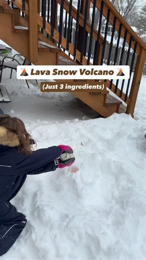 Make your own snow lava volcano! 🌋 ❄️ Just 3 ingredients (vinegar, baking soda and food coloring) We mixed our jars with 2 cups of vinegar and a few drops of food coloring inside the house (where it was warm 😅). Then we carried the jars outside and my kids formed their volcano (but make sure you don’t cover the top of the jar with snow). Add 1 cup of baking soda to see your volcano erupt! I gave my kids a cup premeasured so they could add it in themselves. You can add in more vinegar and bakin