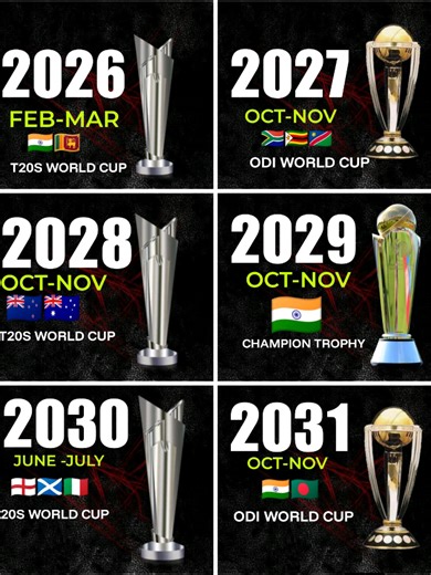 Men’s Cricket – Upcoming ICC Events 🏏🌍 The next decade is packed with blockbuster ICC tournaments! From the 2026 T20 World Cup in India & Sri Lanka to the 2031 ODI World Cup in India & Bangladesh, global cricket fans are set for nonstop action 🔥🏆 Which tournament are you most excited for? 👀 #icc #t20worldcup #odiworldcup #championstrophy #cricketfans