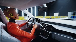 Generic 3d car crash test with crashtest dummy. Car destruction. Realistic 4k animation.