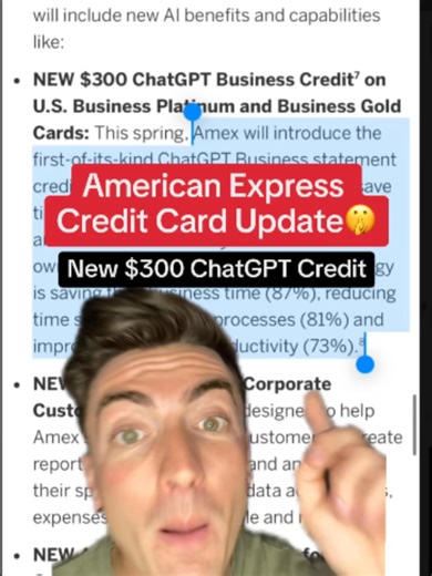 Amex Just Announced a $300 ChatGPT Credit for Business Cards 👀 Amex is adding a $300 annual ChatGPT Business credit to the Business Platinum and Business Gold this spring. 💡 Covers one full ChatGPT Business seat per year 💡 Part of their biggest commercial product rollout ever 💡 Enrollment required — won’t auto-apply But there’s a catch — ChatGPT Business requires 2 users minimum. So you’re still paying for the second seat out of pocket. And the Business Gold annual fee may be jumping to $495