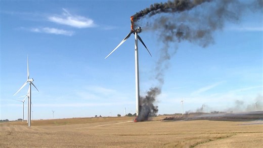 Fire destroys Iowa wind turbine after emergency workers fail to reach top