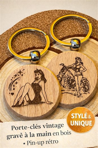 Vintage Engraved Wooden Keychain – Retro Pin-up – Handmade – Original Gift - Etsy
