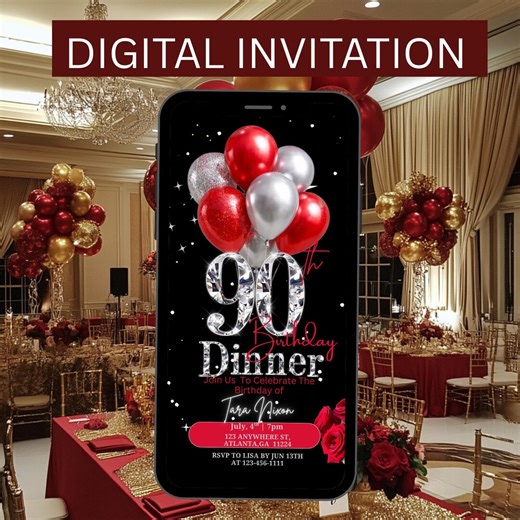 Animated Birthday Dinner Invitation, Girls Night Out (digital, Editable Template)| Red and Silver - Etsy