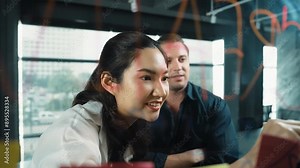 Young confident businesswoman present project to expert investor. Professional project manager uses sticky notes to explain startup project, sharing brainstorming ideas to investor. Manipulator.