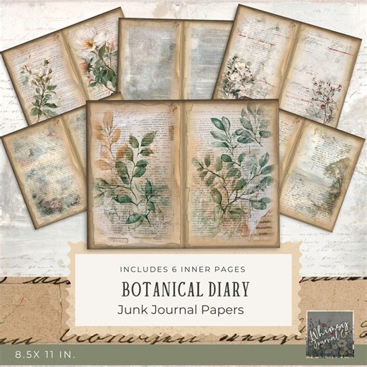 Botanical Diary Junk Journal Papers | Vintage Nature Study Printable Pages | Antique Script Botanical Watercolor Florals | Digital Download - Etsy