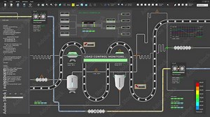 Futuristic software inspecting the good movement on the production conveyor. Software analysing the product packages on a conveyor. Software checking the quality of product transported on a conveyor.
