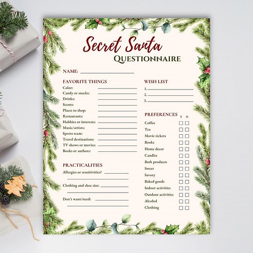 Secret Santa Questionnaire Template, Editable Christmas Gift Exchange (PDF) - Etsy