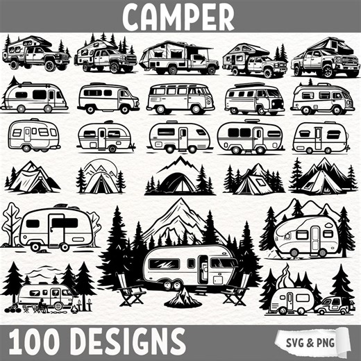 Camper SVG Bundle, Camping Clipart, Camper Van Digital Designs, Retro Camper PNG, RV Vector Files, Camping Adventure Cut Files - Etsy