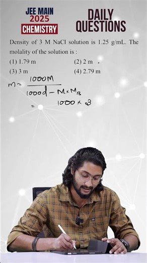 Density of 3 M NaCl solution is 1.25 g/mL. The molality of the solution is :.....