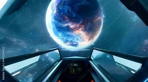 A view of a space shuttle cockpit with a blue sky and a planet in the background. The cockpit is filled with screens and buttons, and the pilot is looking out the window at the planet