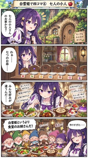 ouTubeタイトル【4コマ漫画】白雪姫が5人いたら毒リンゴ攻略不可能説🍎｜美咲 #美咲のaiごはん