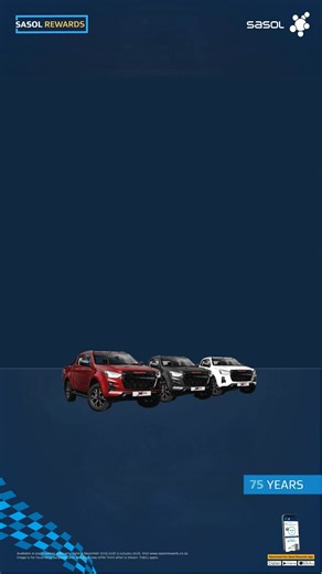 Stand a chance to win 1 of 3 Isuzu Double Cabs or R75 000 in cash fuel vouchers every week. All you have to do is... 1.⁠ ⁠Fill up for R500 or more 2.⁠ ⁠Scan or swipe your Sasol Rewards card 3.⁠ ⁠Enter via the Sasol rewards app or WhatsApp your slip to 0860 335 444 You’ll get guaranteed instant prizes for every valid entry. Just ask for the QR code at the forecourt and scan it to redeem your prize. As a bonus, double your chances of winning by spending R75 or more at a Sasol Delight store. Compet