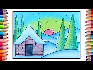 How to draw simple Sunrise for Beginners, Sunrise scenery drawing