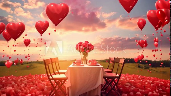 A romantic table setting for a Valentines Day dinner amidst a beautiful field of flowers, A romantic picnic under a sky full of love heart balloons, AI Generated Stock Video