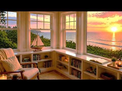 Cozy Ocean Sunset Window View | Waves for Sleep and Relaxation