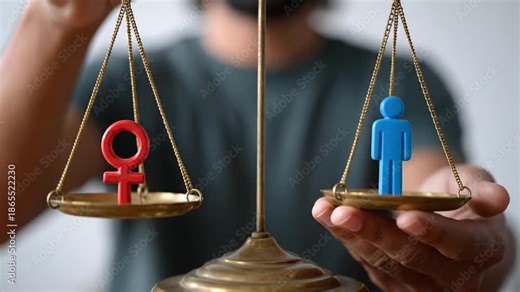 International Women's Day Gender Equality Concept: Balanced Scale with Male and Female Symbols Representing Equal Rights and Opportunities