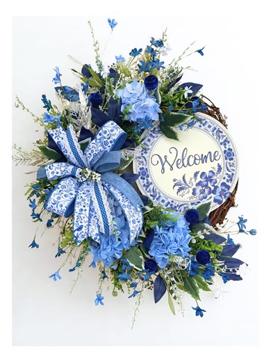 Blue and White Spring Floral Wreath, Chinoiserie Ribbon, Welcome Spring Decor, Grapevine Floral Wreath, Blue Hydrangea Wreath - Etsy