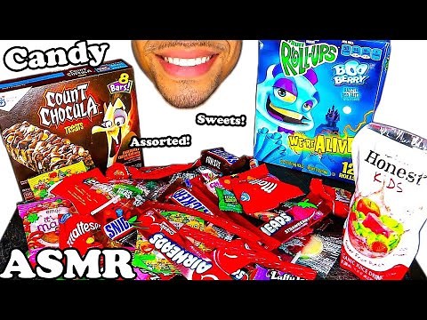 ASMR EATING CANDY NO TALKING MUKBANG JERRY FOOD TREATS PARTY AIRHEADS SKITTLES BARS FRUIT SNACKS