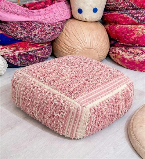 Handmade Pink Berber Wool Pouf | Moroccan Floor Cushion - Etsy