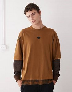Aape by A Bathing Ape oversized double layer long sleeve t-shirt in brown with camo insert | ASOS