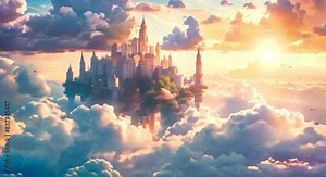 A majestic floating castle in the sky surrounded by clouds and mythical beasts
