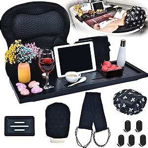 Bathtub Trays and Tub Pillow for Bathtub, Expandable Folding Bath Tray, with Black Soapbox, 2 Bath Towels, Shower Cap, Storage Bag, Bathroom Hooks, Uniform Black Accents for Your Bathtub