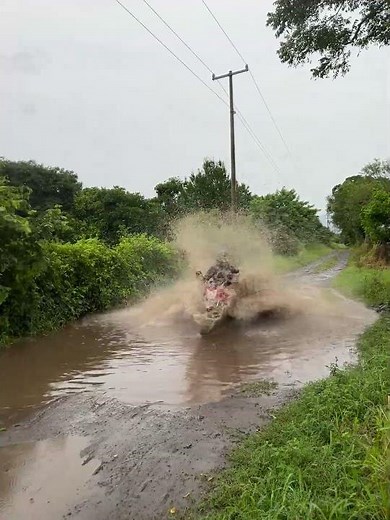 Motorcycle Rider Wipes Out and Falls While Crossing Flooded Road