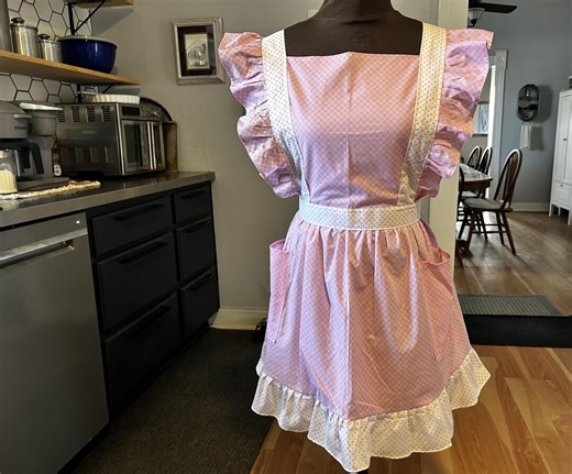 Plus Size E Ruffled Bib Apron Pinafore fits 42-49" waist 100% cotton plus size Pink mix handcrafted - Etsy 日本