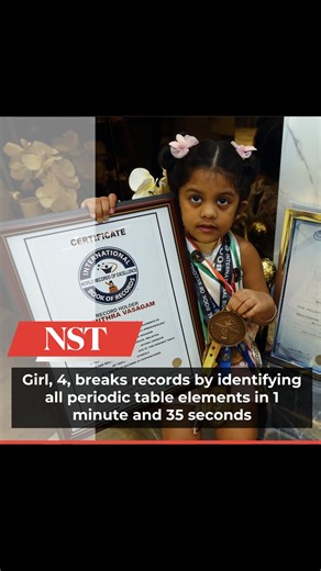 #NSTTV Most 4-year-old kids are still learning their ABCs, but Jeimithra Vasagam has achieved multiple record titles by identifying all 118 elements of the periodic table in just 1 minute and 35 seconds. This prodigy, a record-holder for her ability to identify national flags, recently took on the periodic table as her next big challenge in just six weeks. The achievement earned her recognition in the "Malaysia Book of Records", "India Book of Records", "Worldwide Book of Records", "India Book o