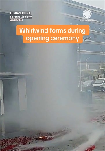 Talk about a dramatic entrance 🌪️ A whirlwind suddenly formed during a company’s opening ceremony in Foshan, China, as strong winds lifted red firecracker debris and mist from the ground into the air.