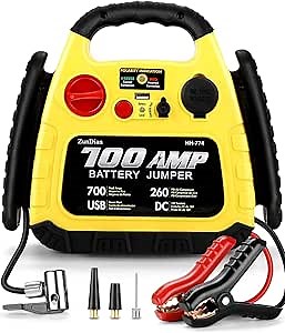 Car Battery Jump Starter with Air Compressor, 12V Battery Jump Starter with Air Compressor, 700A Peak Jump Box for Up to 5.0L Gas & 5.0L Diesel Engines, Portable Power Station with LED Light