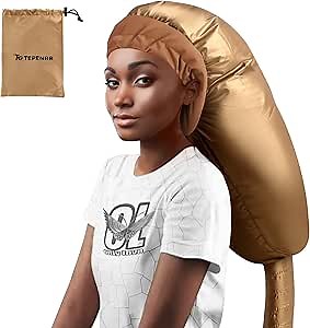 TEPENAR Hair Dryer Bonnet Attachment: Upgraded Extra Large Hooded Dryer Adjustable Hair Dryer Caps - Easy to Use for Natural Curly Textured Hair Care Styling Fast Drying - Gold