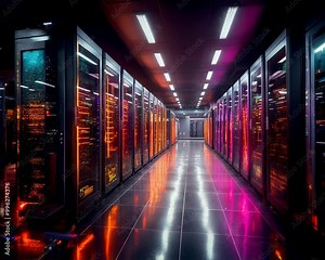 Exploring the vibrant corridors of a modern data center at night