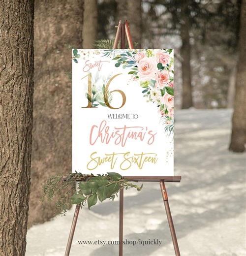 EDITABLE Sweet Sixteen Birthday Party Signs Sweet 16 Welcome Sign Decorations Yard Sign Pink Floral Watercolor 16th Download Templates - Etsy
