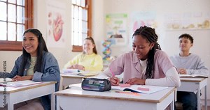 Happy, laughing and talking children in a classroom for a joke, education or conversation. Smile, friends and diversity at a school with students, happiness and communication while learning together