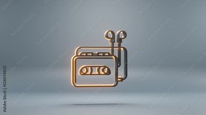 Beautiful black Walkman and Earphones with yellow light symbol icons on a blue background. 3d rendering illustration. Background pattern for design. Loops video.