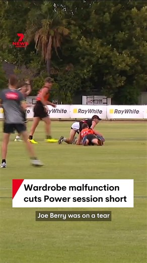 In a lively day on the training track, Port Adelaide’s Joe Berry lost his shorts in a tackle while at West Lakes, a heated Crows session saw Mark Keane clean up teammate Mitch Marsh before the young forward returned serve. | 7NEWS Adelaide
