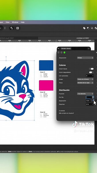 Script gratis para Affinity: Códigos de color automáticos 🟩 La página de colores siempre es una parte tediosa de un manual de marca: dibujar una muestra, tomar el color, copiar el HEX, el RGB, pasarlo a CMYK, y repetir con cada color. Así que les comparto un script gratis para Affinity que lo hace por ustedes. Seleccionas tu diseño, ejecutas el script y te arma una muestra por cada color justo al lado, con sus códigos. Eliges qué códigos se muestran (HEX, RGB, CMYK, OKLCH y algunos más) y cómo 