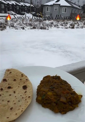 Smoky, flavorful and full of desi comfort — this Baingan Bharta is made by roasting eggplant and tomatoes with mustard oil and garlic, giving it a rich rustic taste. 🍅🧄 After peeling and mashing, it’s cooked with a simple tadka of onions, green chilli and spices with soft potatoes. Every bite is packed with warmth and authentic Indian flavors. Best enjoyed with hot roti or steamed rice. 🤍✨ 📝 Ingredients 🥣 🍆 2 large baingan (eggplant / brinjal) 🍅 3 tomatoes 🧄 10,12 garlic cloves 2 tbsp mu