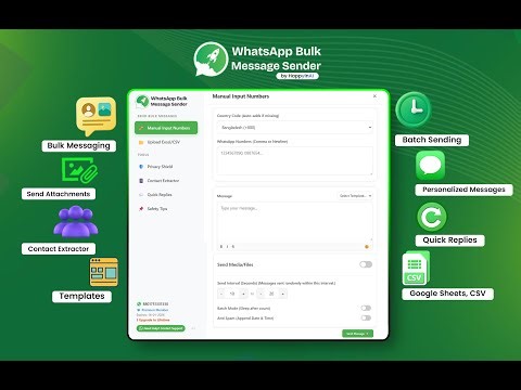 WhatsApp Bulk Message Sender v3 by HappyInAI | Send Messages from Google Sheets, CSV & Excel(Safe )
