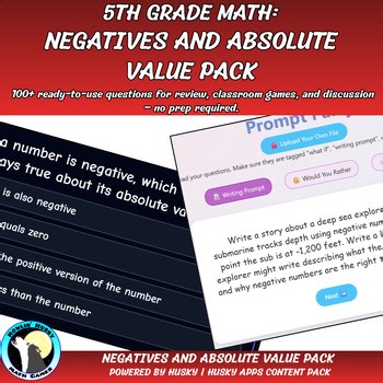 5th Grade Math Negatives and Absolute Value Pack | Worksheet | Games gr. 4-5